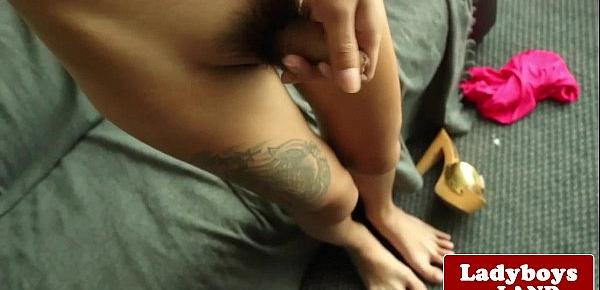  Petite tattooed ladyboy wanking her penis